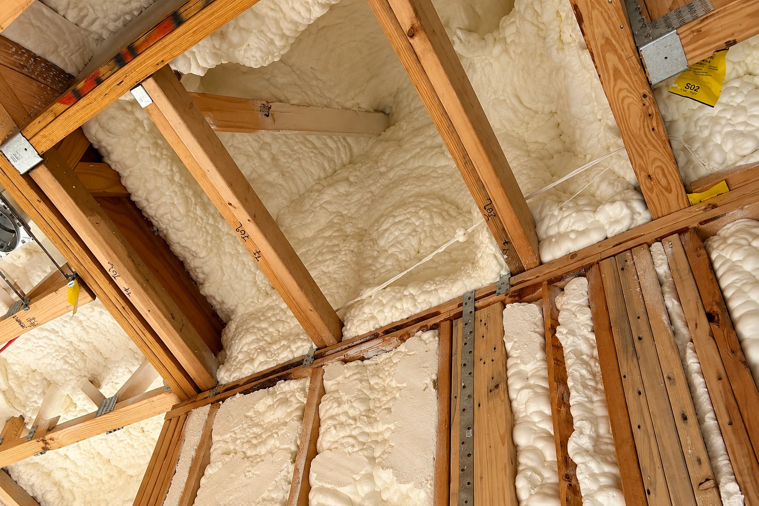 White spray foam fills gaps between exposed wooden rafters and framing in an attic.