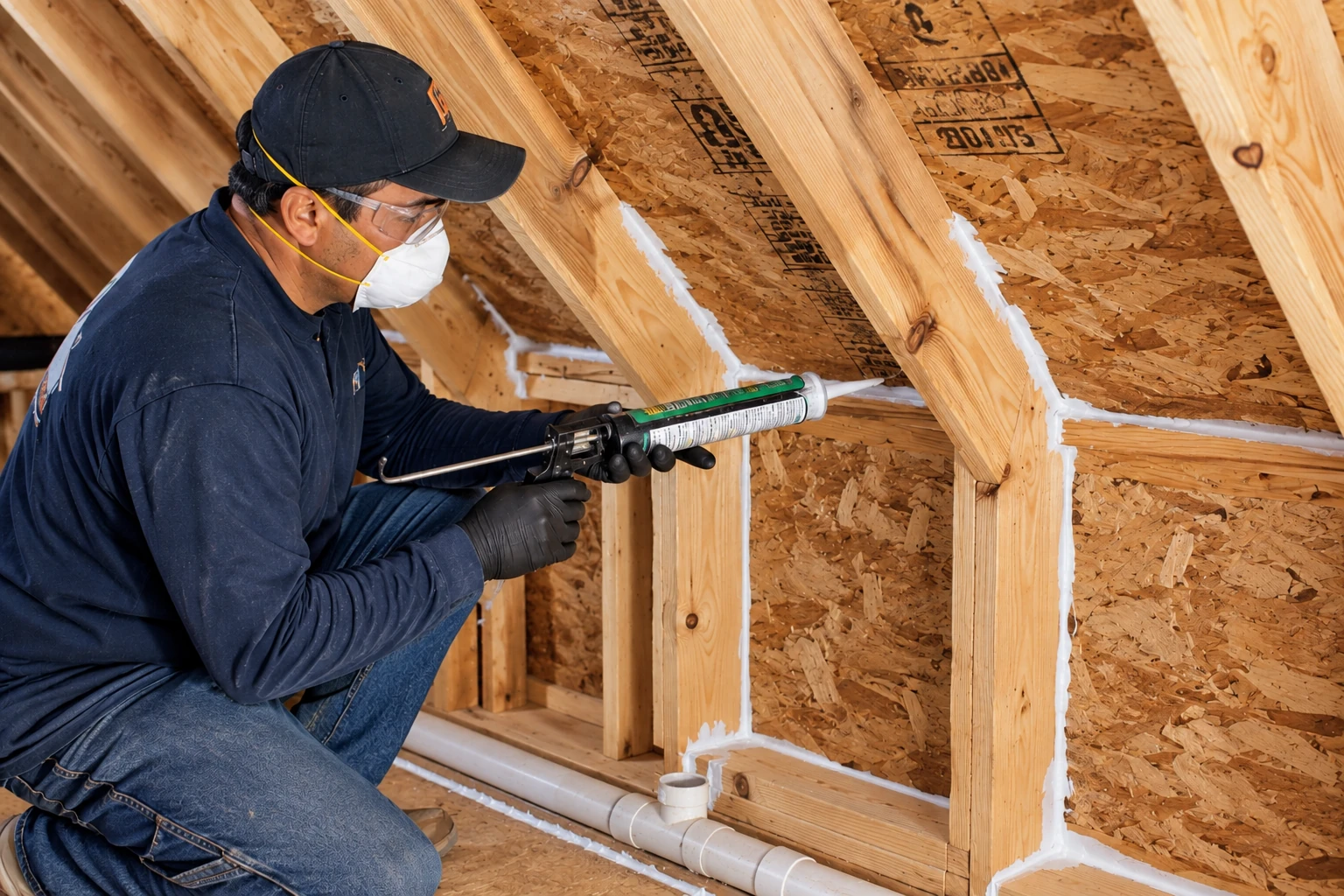 A masked worker applies white sealant with a caulking gun to joints between exposed attic framing.