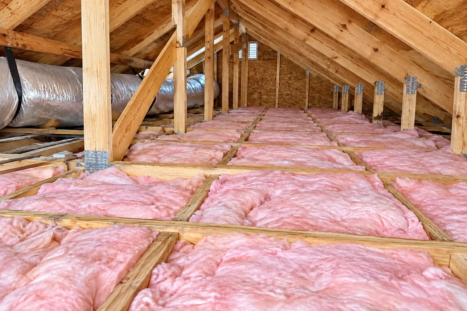 Pink fiberglass batts cover the attic floor between wooden joists beneath exposed roof framing.