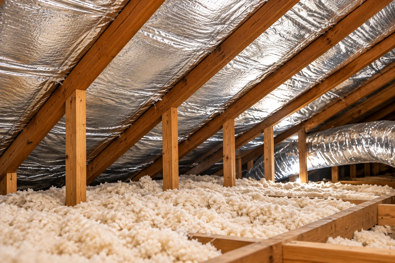 An attic has loose-fill insulation covering the floor beneath wooden rafters and reflective foil lining the roof.