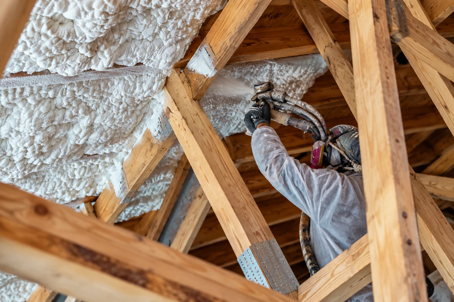 Worker sprays foam insulation between exposed wooden attic rafters.