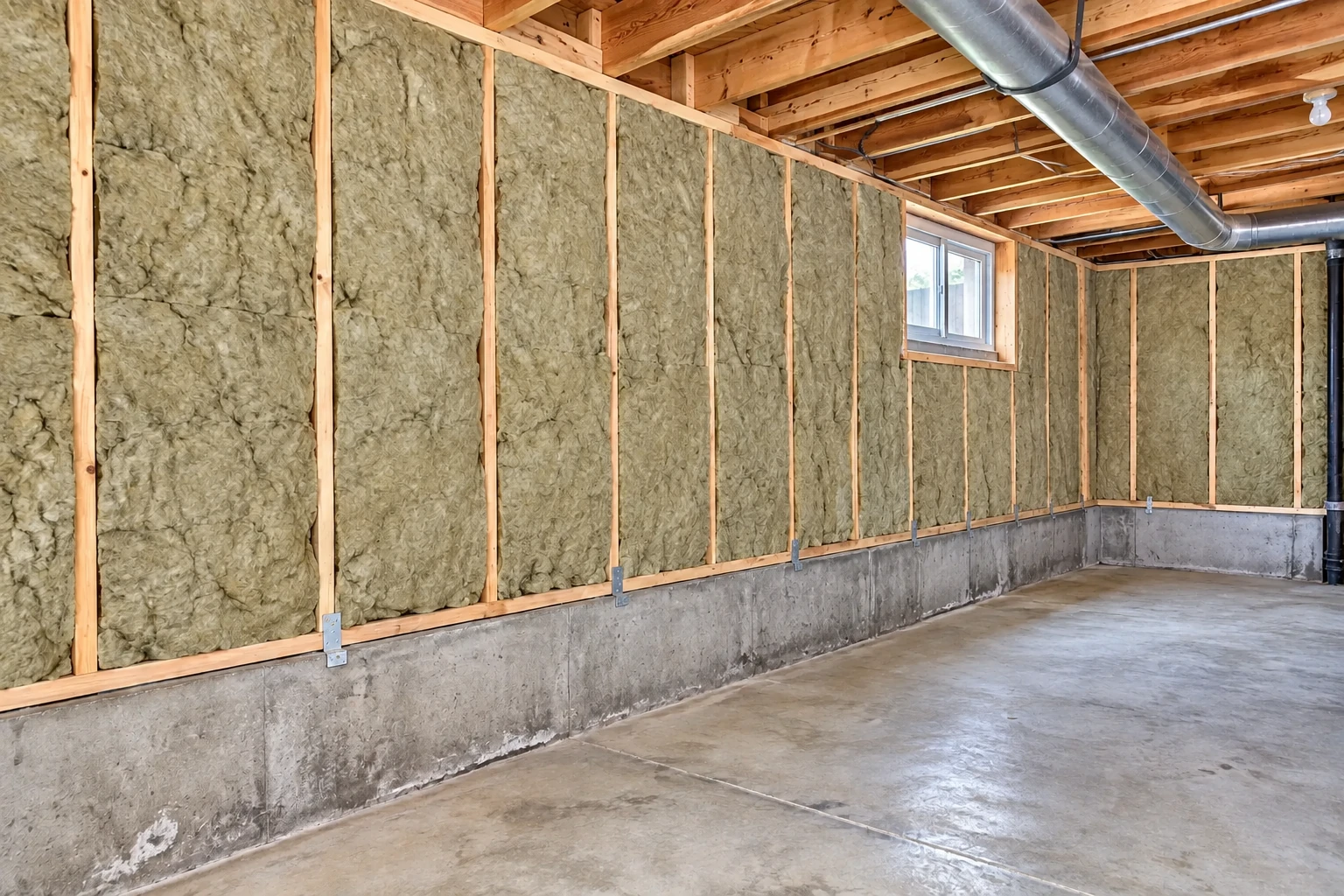 Basement with exposed concrete walls and fiberglass insulation fitted between wooden wall studs.