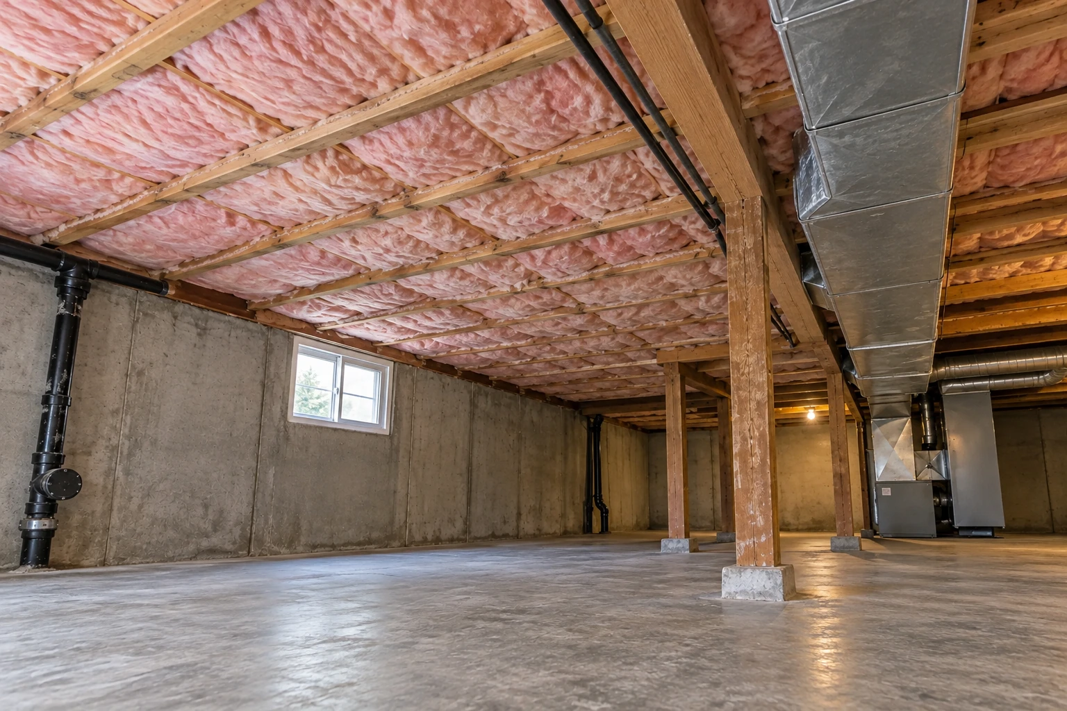 Pink insulation fills the ceiling joists of a concrete basement with exposed ductwork and support posts.