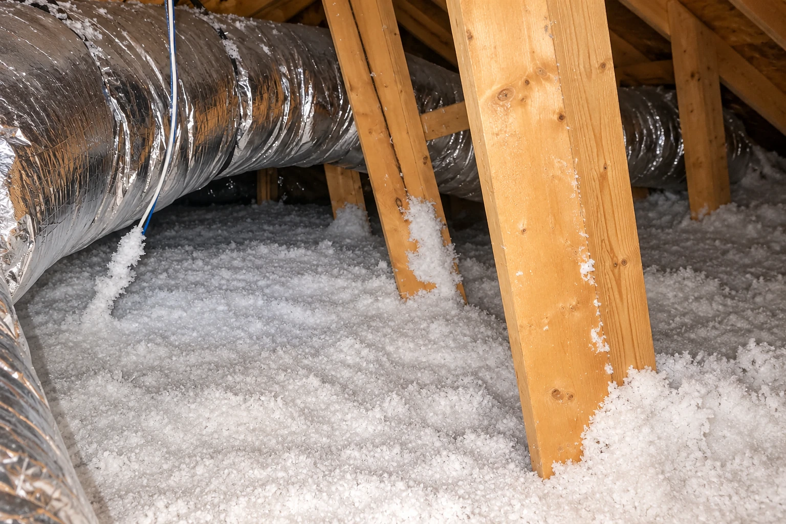 Loose-fill insulation covers an attic floor around wooden supports and a large flexible silver duct.