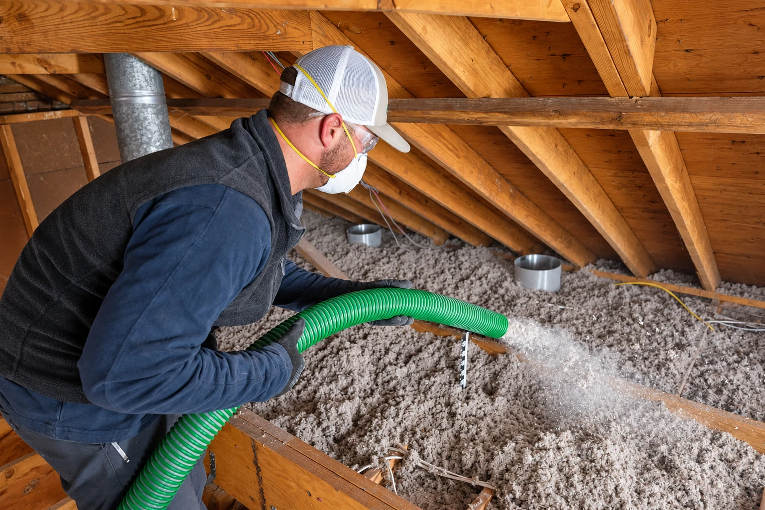 Worker uses a green hose to blow loose-fill insulation across an attic floor.