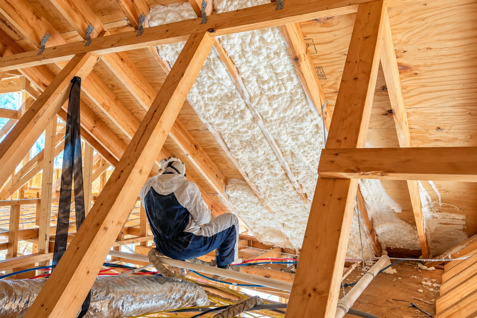 Insulation worker applies foam between exposed attic rafters, with white foam coating the roof sections.