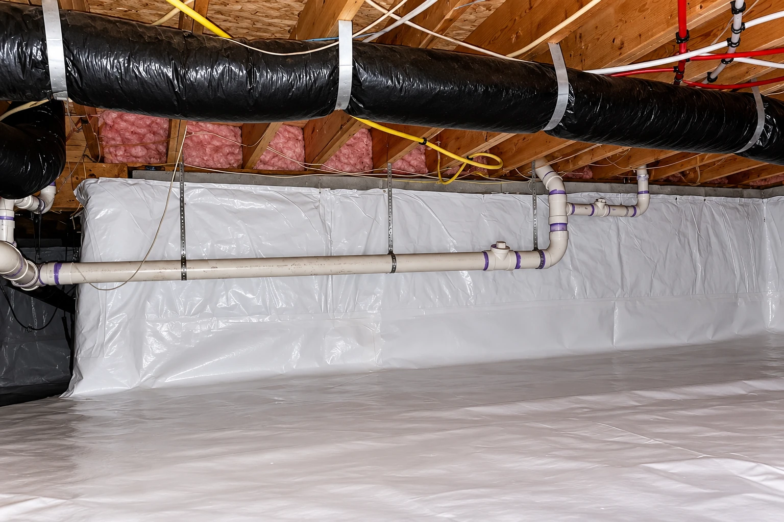 A low crawl space has plastic-covered walls and floor, insulated joists, ducts and exposed pipes.