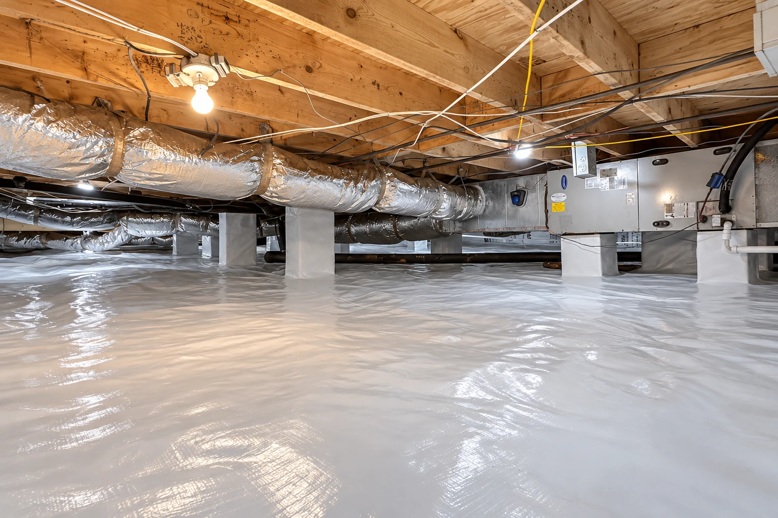 A crawl space floor is covered with shiny plastic vapor barrier beneath ductwork and wooden floor joists.
