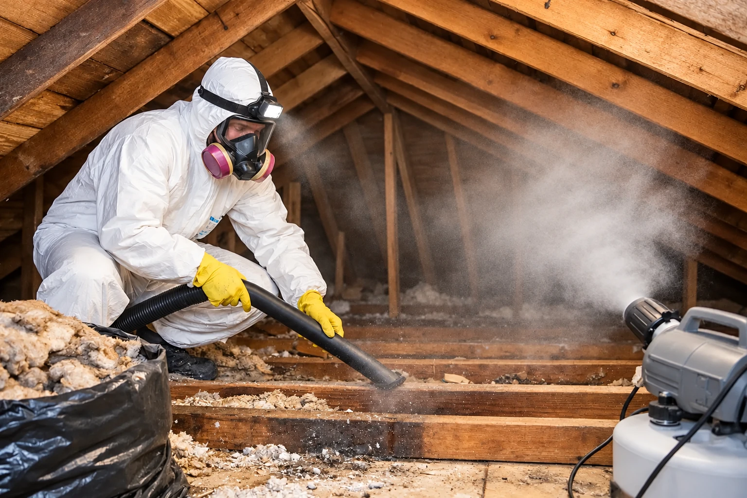 Worker in protective gear vacuums loose attic insulation through a hose.