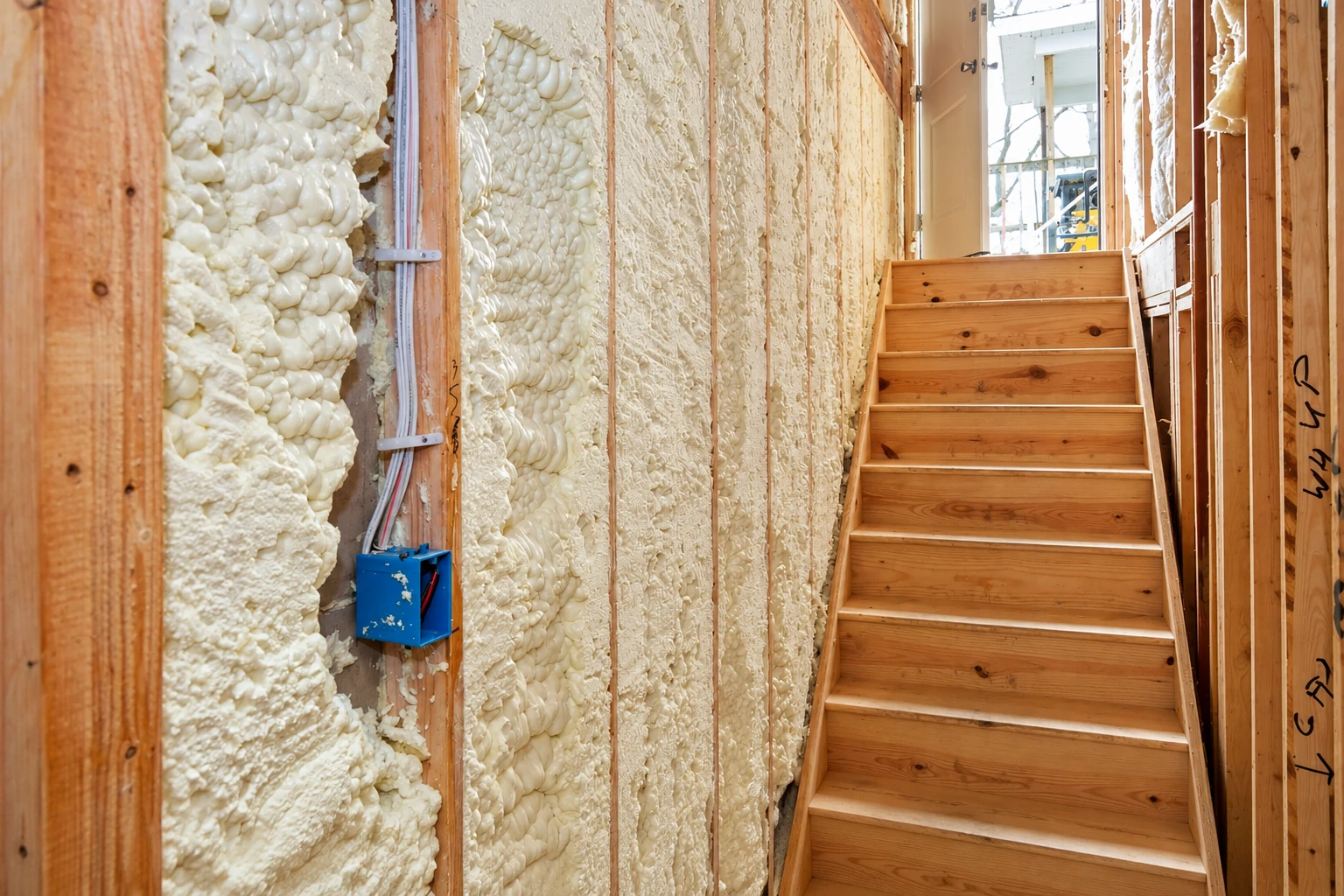Wooden stairs beside exposed wall cavities filled with cream-colored spray foam insulation.