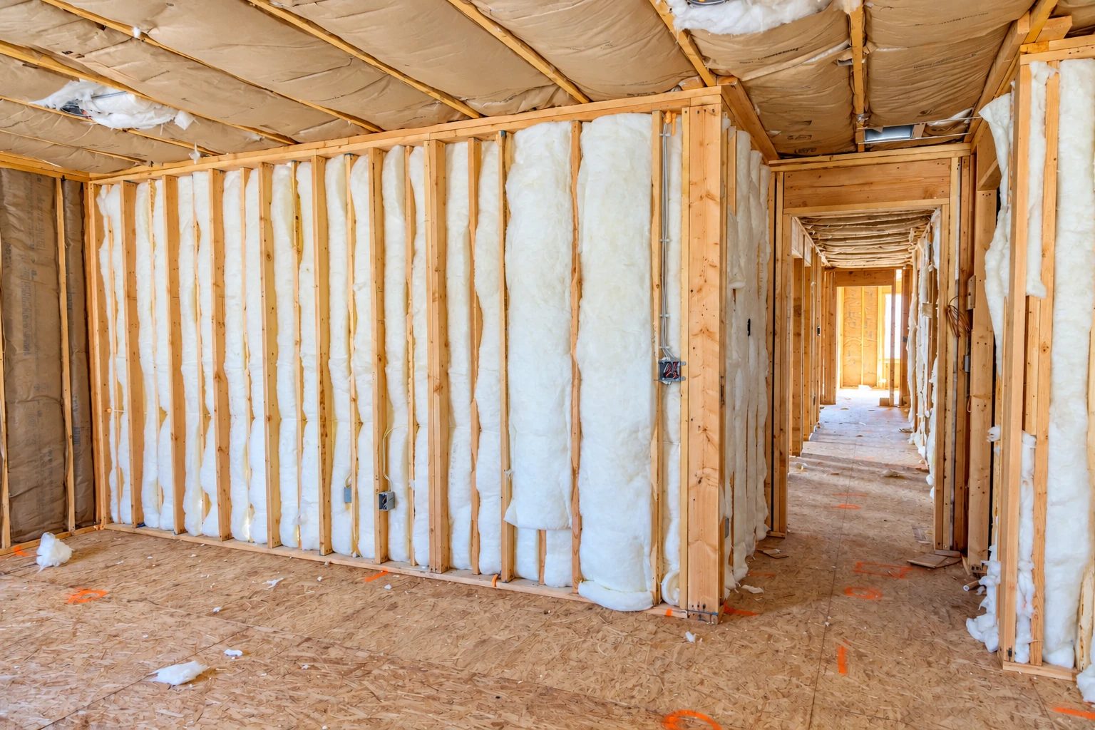 Unfinished hallway with white batt insulation fitted between wall studs and ceiling joists.