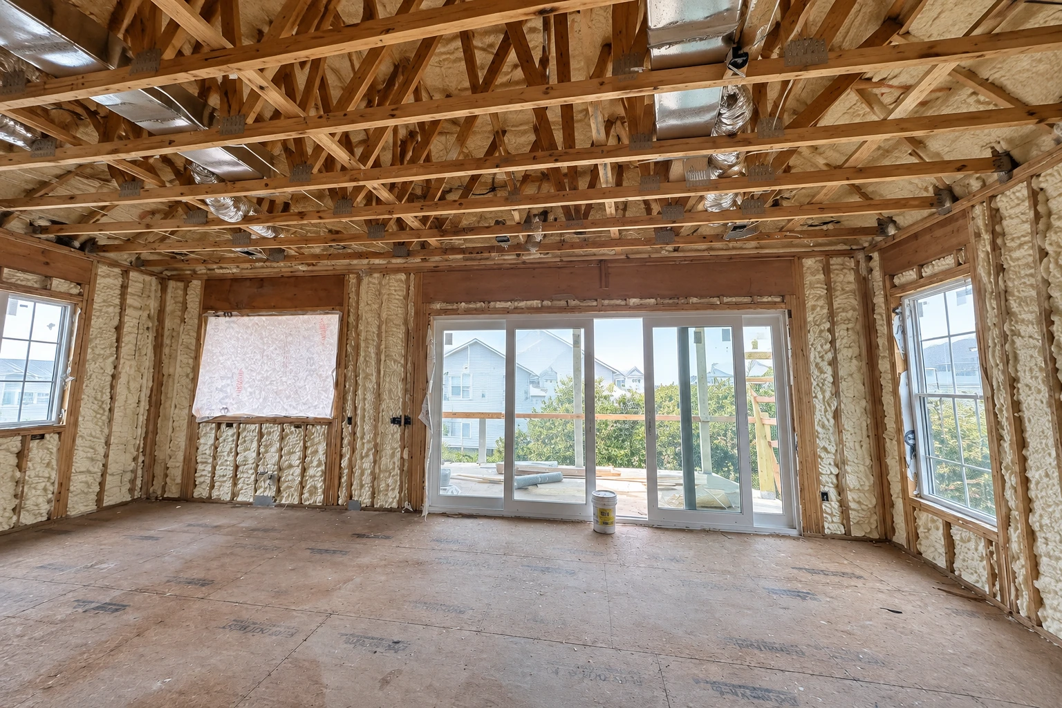 An unfinished room has spray foam insulation filling its wall cavities, with exposed roof trusses, windows, and sliding glass doors.