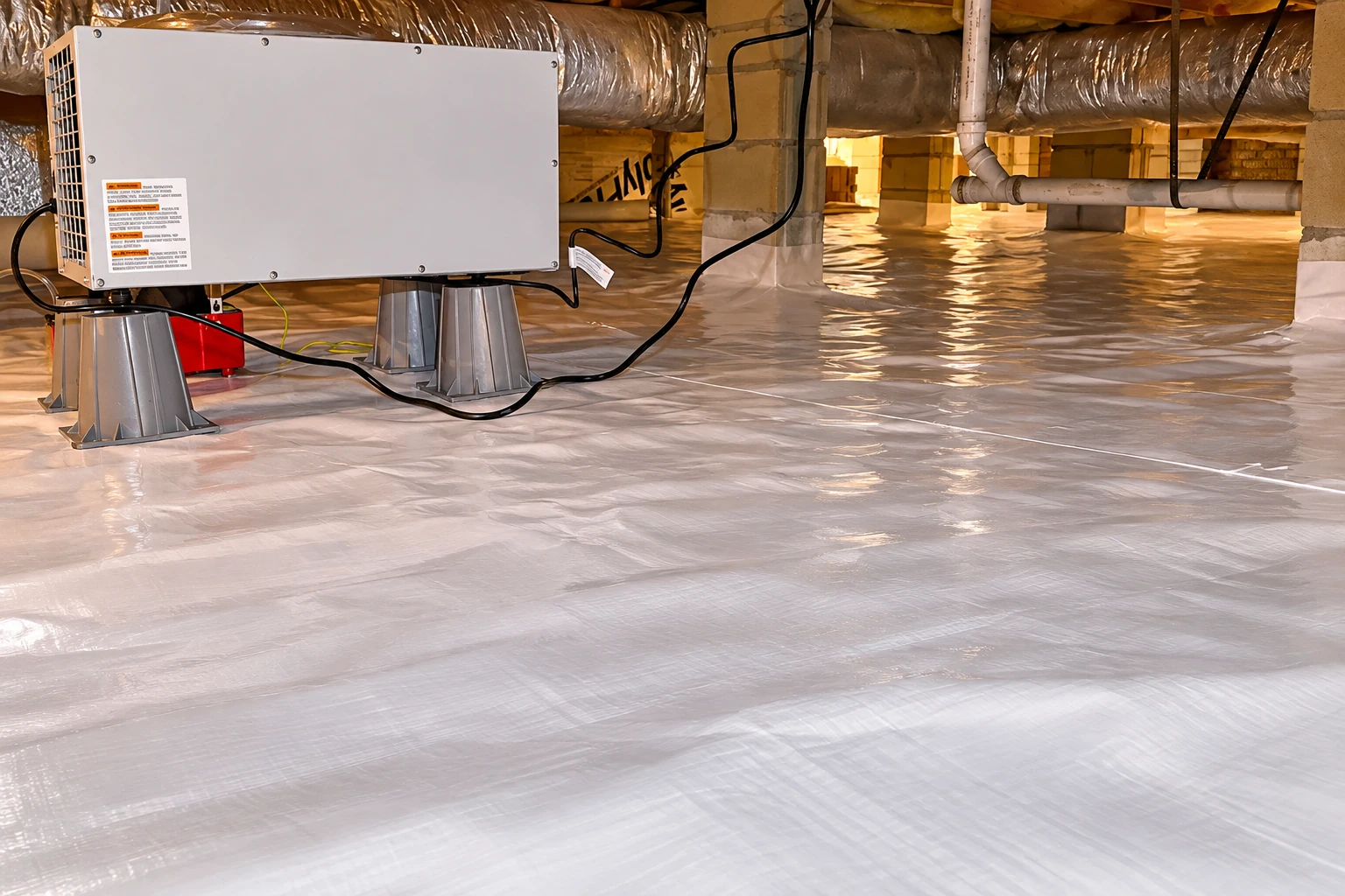 A crawl space vapor barrier covers the floor beneath ducts and pipes, beside a large white dehumidifier.
