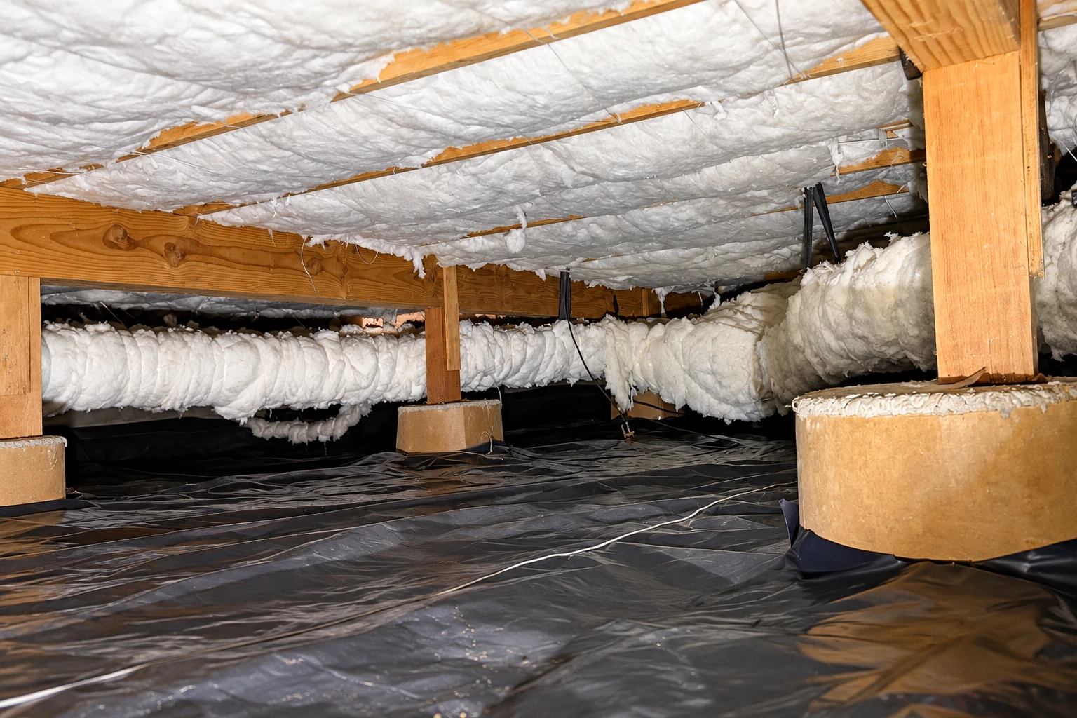 White insulation covers the underside of a crawl space floor above a black plastic vapor barrier.