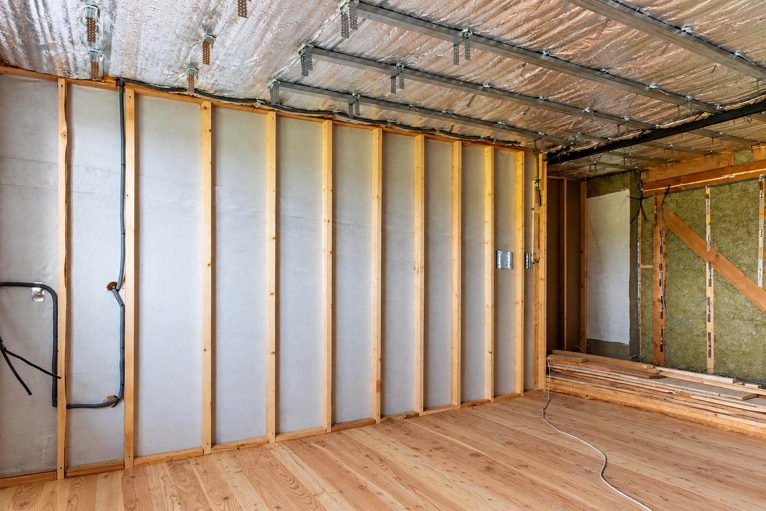 Unfinished room with wall cavities filled with insulation and reflective insulation beneath the exposed ceiling.