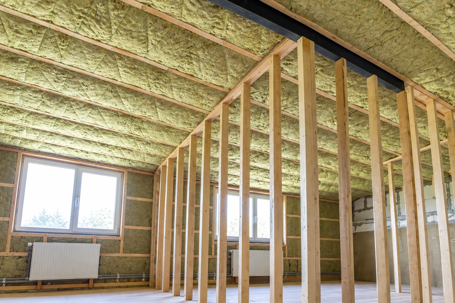 Wall insulation fills the roof and exterior wall framing of an unfinished room with exposed wooden studs and windows.